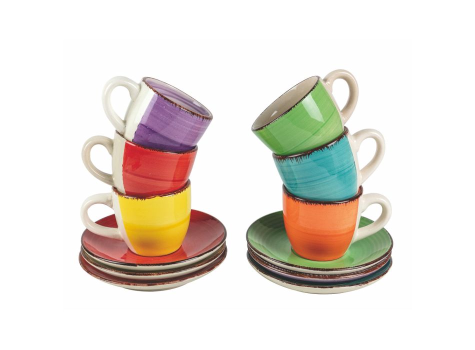 Kaffeetassen mit Untertasse aus farbigem handbemaltem Steinzeug 12 Stück - Abruzzen Viadurini