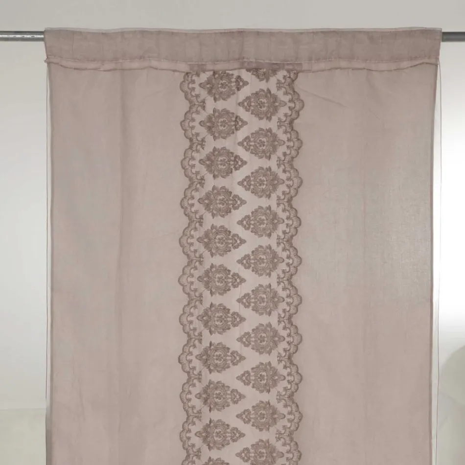 Leichter Leinenvorhang mit Organza und gotischer Stickerei im Luxuszentrum – Marinella Viadurini