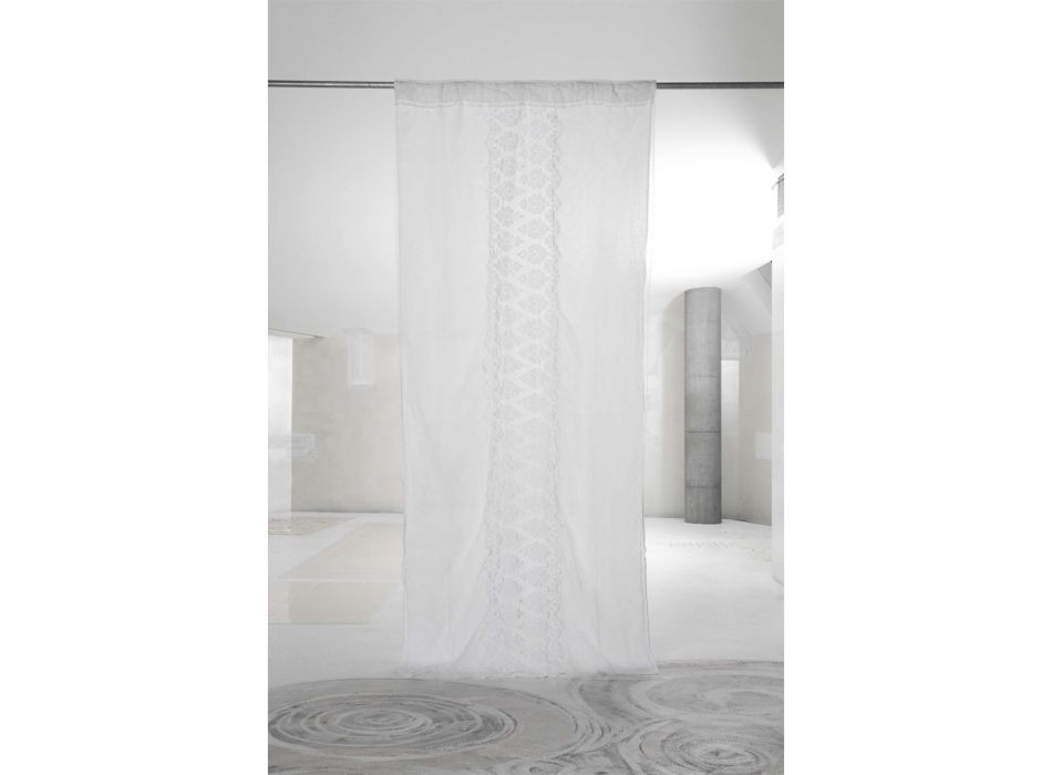 Retro-Vorhang aus hellem Leinen mit Organza und italienischer Luxusstickerei – Marinella Viadurini
