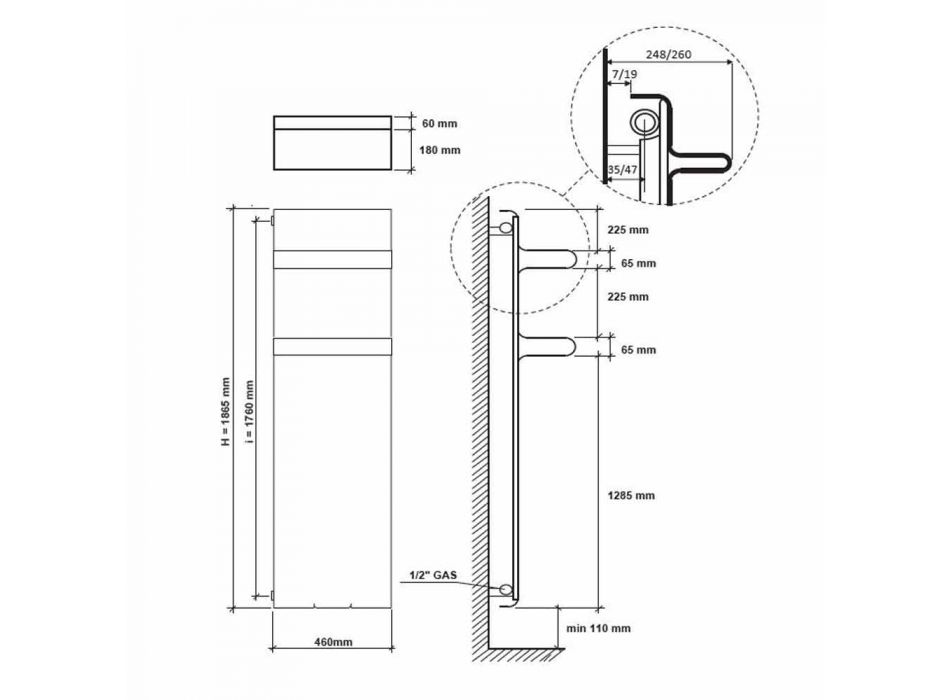 Kühlerhandtuchhalter Vertikales Design Hydraulisch bis 719 Watt - Rebel Viadurini
