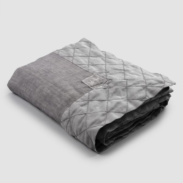 Tischdecke und bordüre aus anthrazitfarbenem leinen mit geometrischem dekor, handgefertigt - dippel