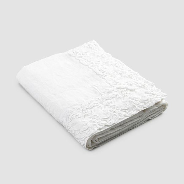 Tischdecke aus weißem leinen oder butter mit rechteckigem farnese-spitzendesign - kippel