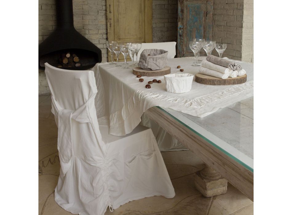Quadratische Tischdecke aus weißem Leinen, Rahmen und geprägter Faltkante – Mippel Viadurini