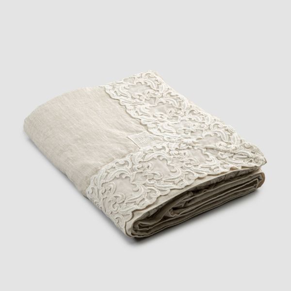 Beige rechteckige leinentischdecke mit farnese luxury artisan lace - kippel