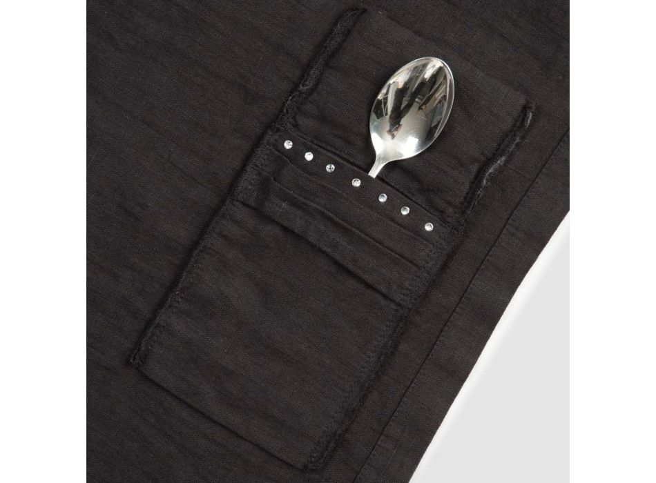 Tischsets und Besteckhalter mit Kristallen aus schwarzem Leinen, 2 Stück – Nabuko Viadurini