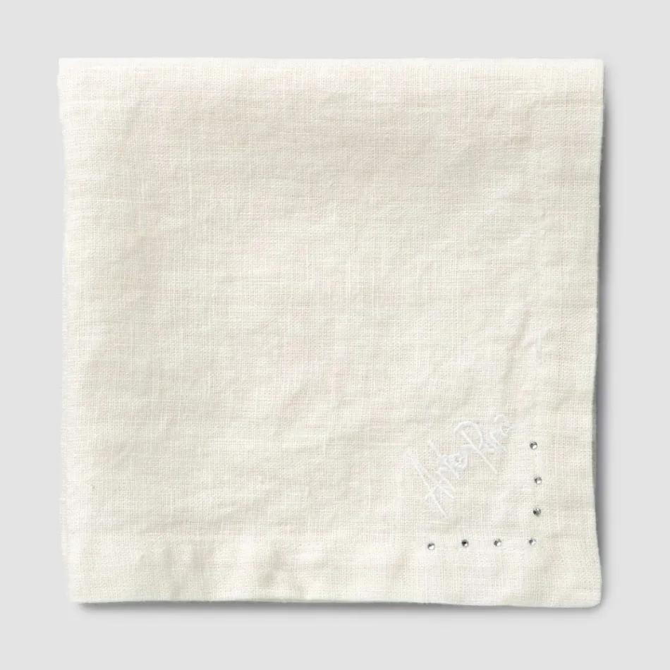 Leinenservietten mit schwarzen oder butterfarbenen Kristallen, 6 Stück, italienischer Luxus – Prezio Viadurini