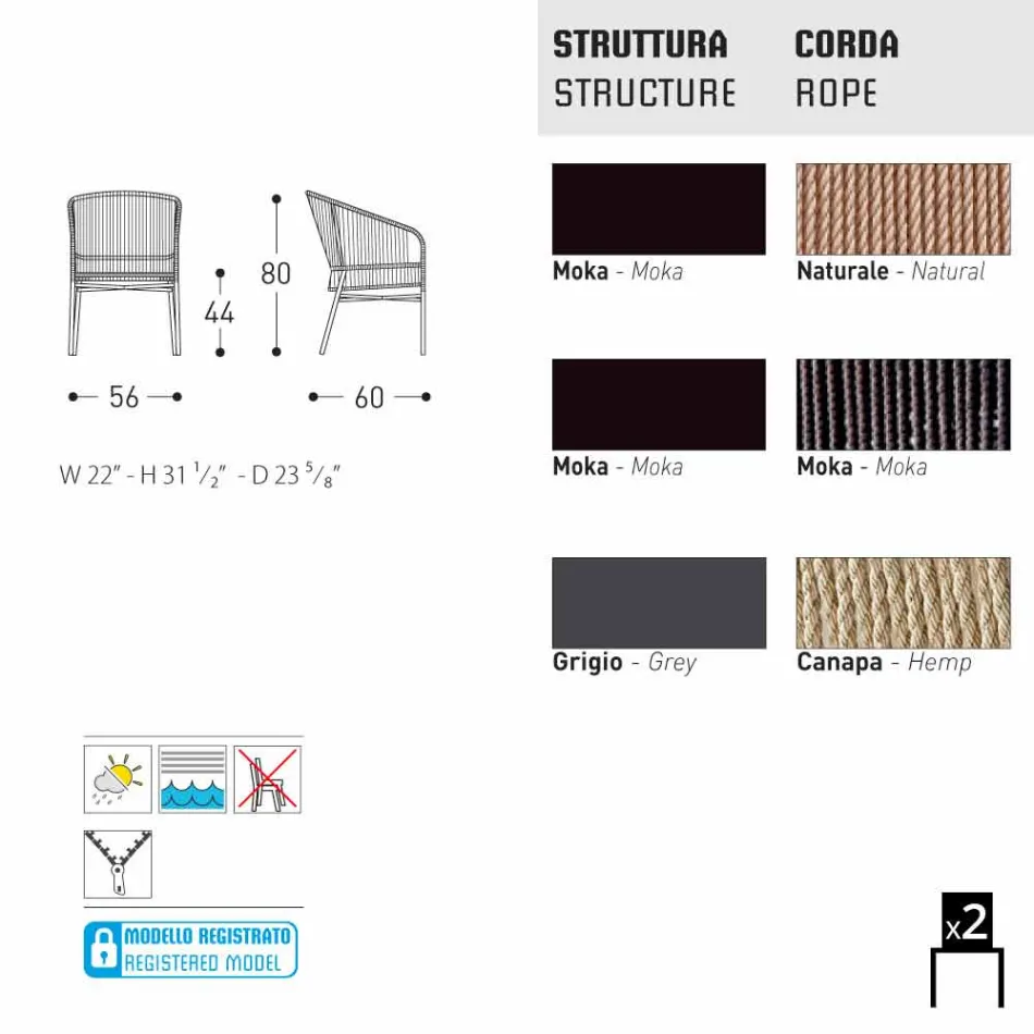 Varaschin Cricket Stuhl mit handgewebten äußeren, 2 Stück Viadurini