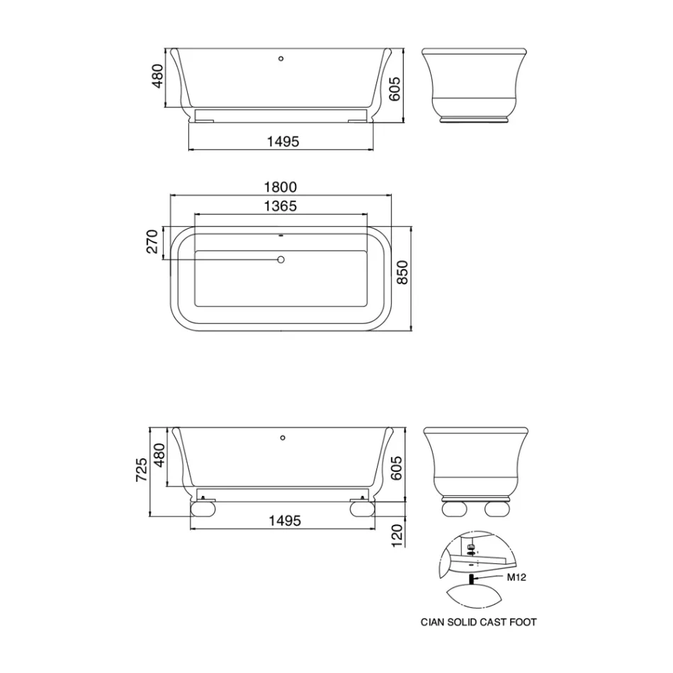 Rechteckige Badewanne mit fester Oberfläche und weichen Ecken, hergestellt in Italien – Fulvio Viadurini