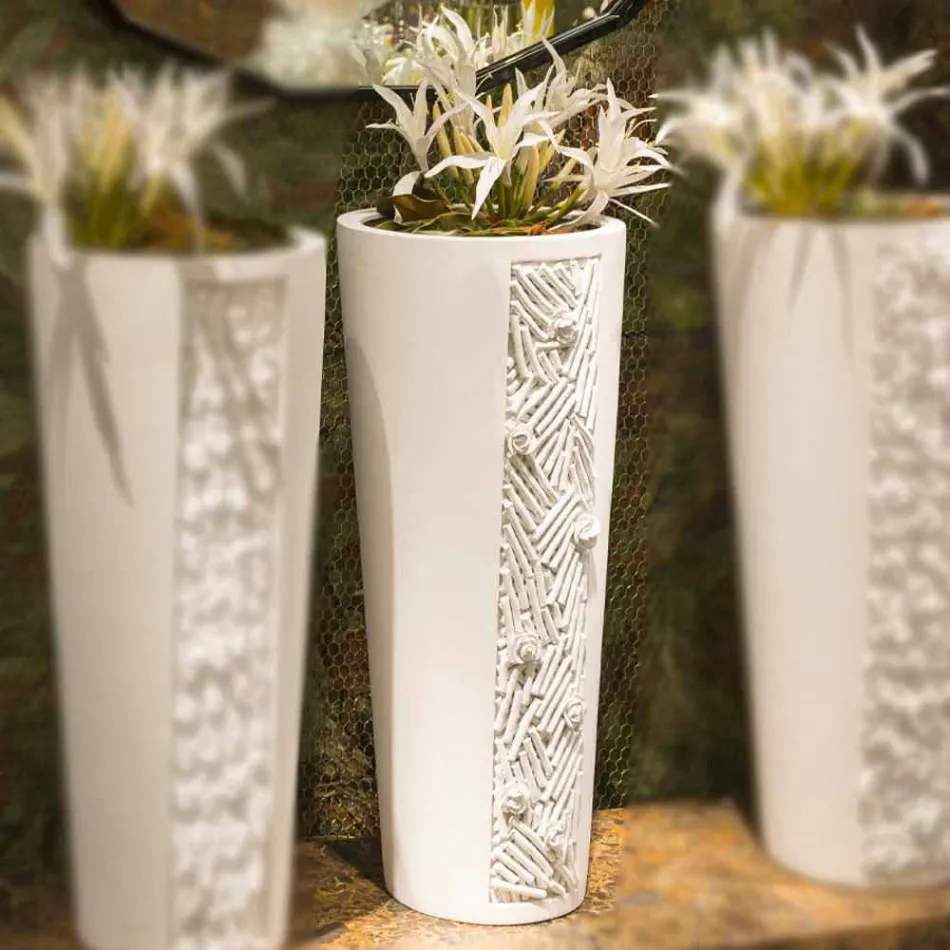 Hohe Indoor-Vase aus weißer Keramik mit Dekoration Made in Italy - Calisto Viadurini