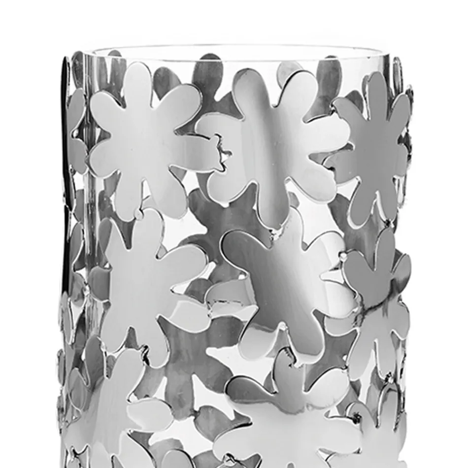 Zylindrische Vase aus Glas und silbernem Metall und luxuriöser Blumendekoration - Terraceo Viadurini