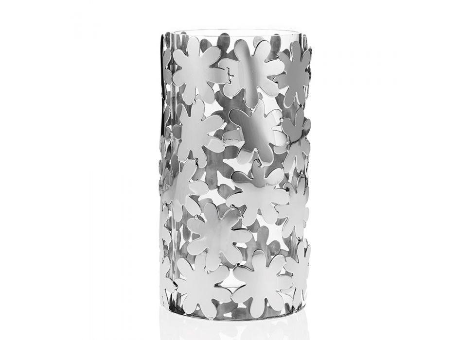 Zylindrische Vase aus Glas und silbernem Metall und luxuriöser Blumendekoration - Terraceo Viadurini