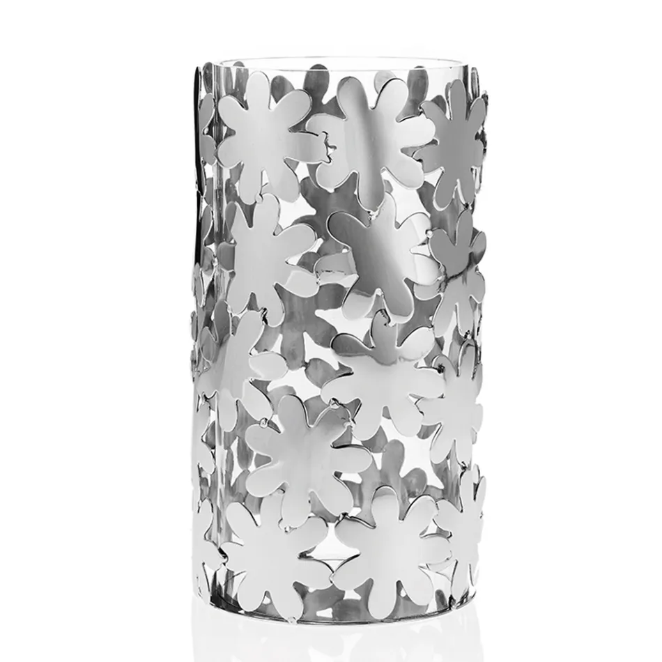 Zylindrische Vase aus Glas und silbernem Metall und luxuriöser Blumendekoration - Terraceo Viadurini