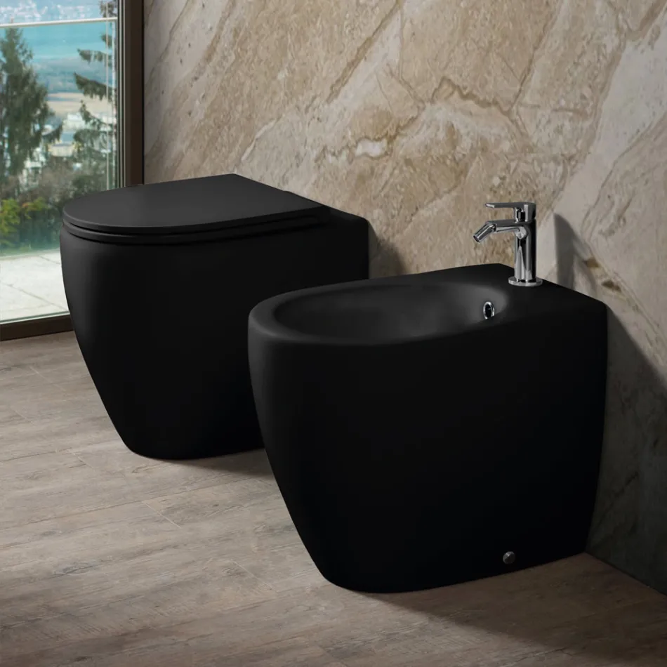 Aster Zweifarbige, matte Keramik-Toilette ohne Spülrand mit Soft-Close-Sitz   Viadurini