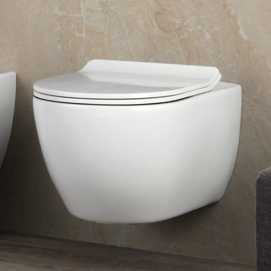 Wandhängendes, spülrandloses WC aus weißer Keramik, Modell Aster, mit Soft-Close-Sitz Viadurini