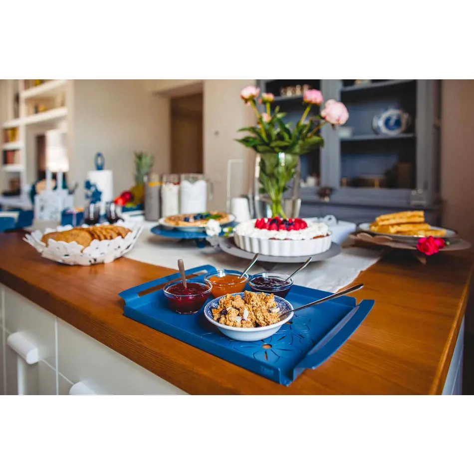 Serviertablett mit Blumen in Weiß, Blau oder Schlammeisen - Marken Viadurini