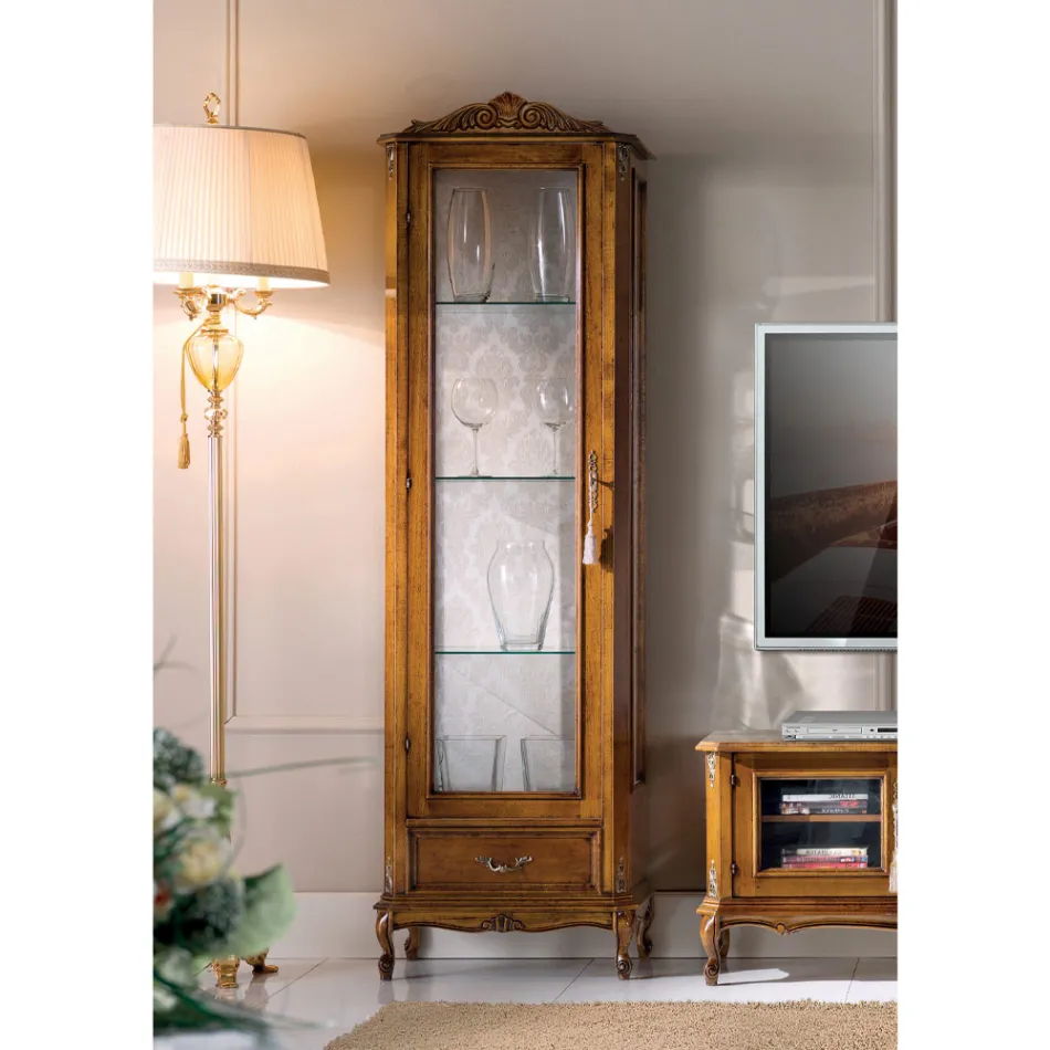 Klassische Wohnzimmervitrine aus Walnussholz, 1 Tür, hergestellt in Italien – Ronald Viadurini