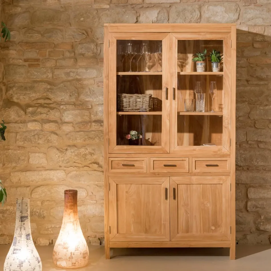 Sanda Wohnzimmer-Vitrine aus massivem Teakholz mit 4 Türen und 3 Schubladen Viadurini