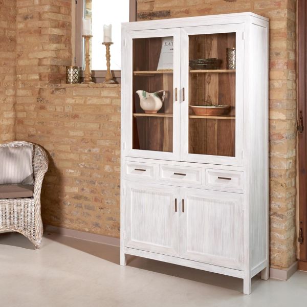 Sanda wohnzimmer-vitrine aus massivem teakholz mit 4 türen und 3 schubladen