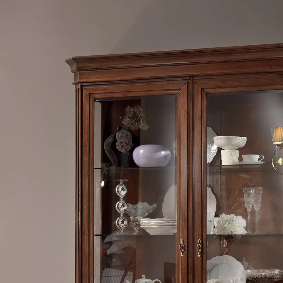 Vitrine aus Holz mit patiniertem Walnuss-Finish und Liliendekor, hergestellt in Italien – Damen Viadurini